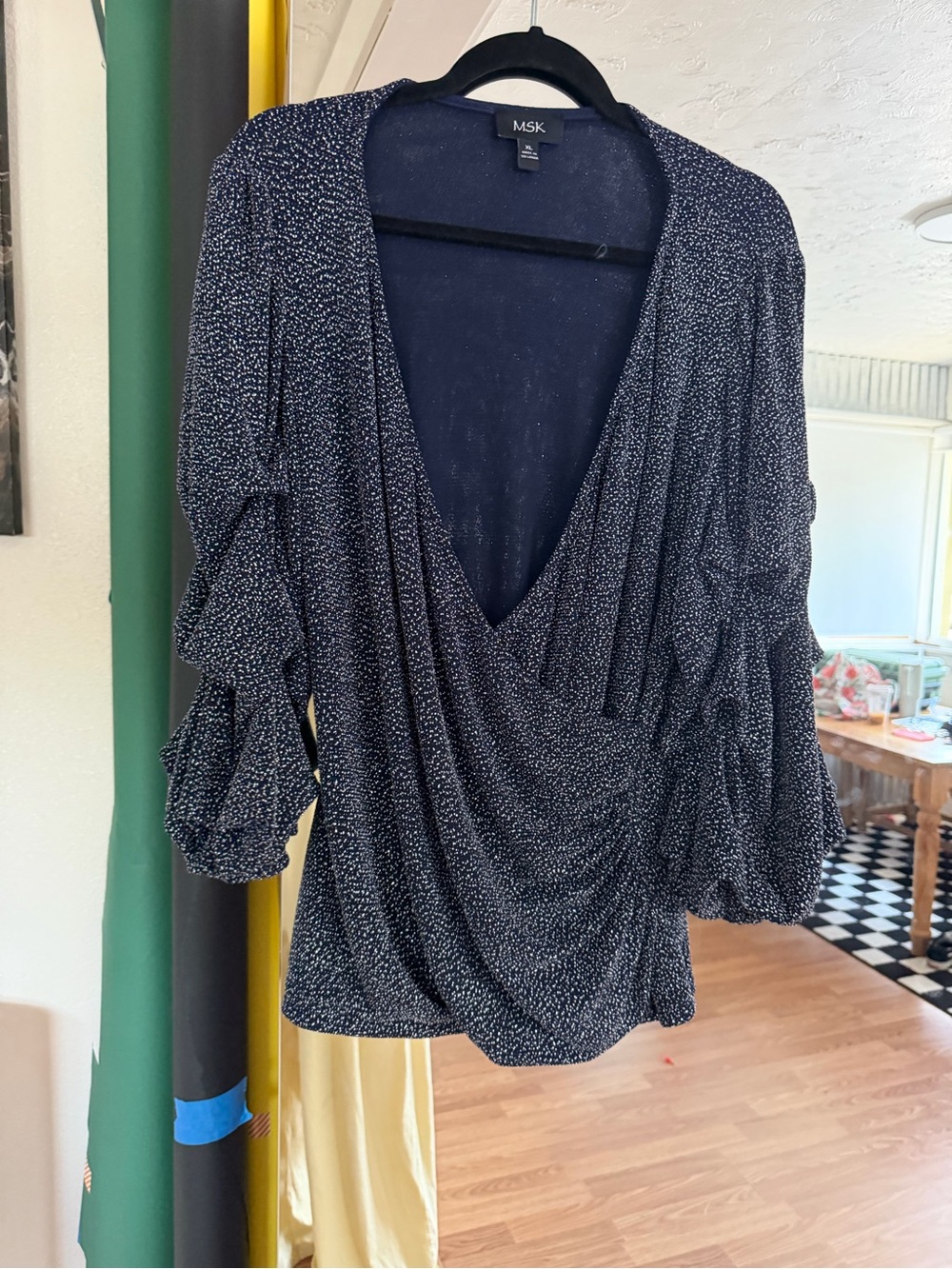 MSK Navy Printed Surplice Draped Blouse